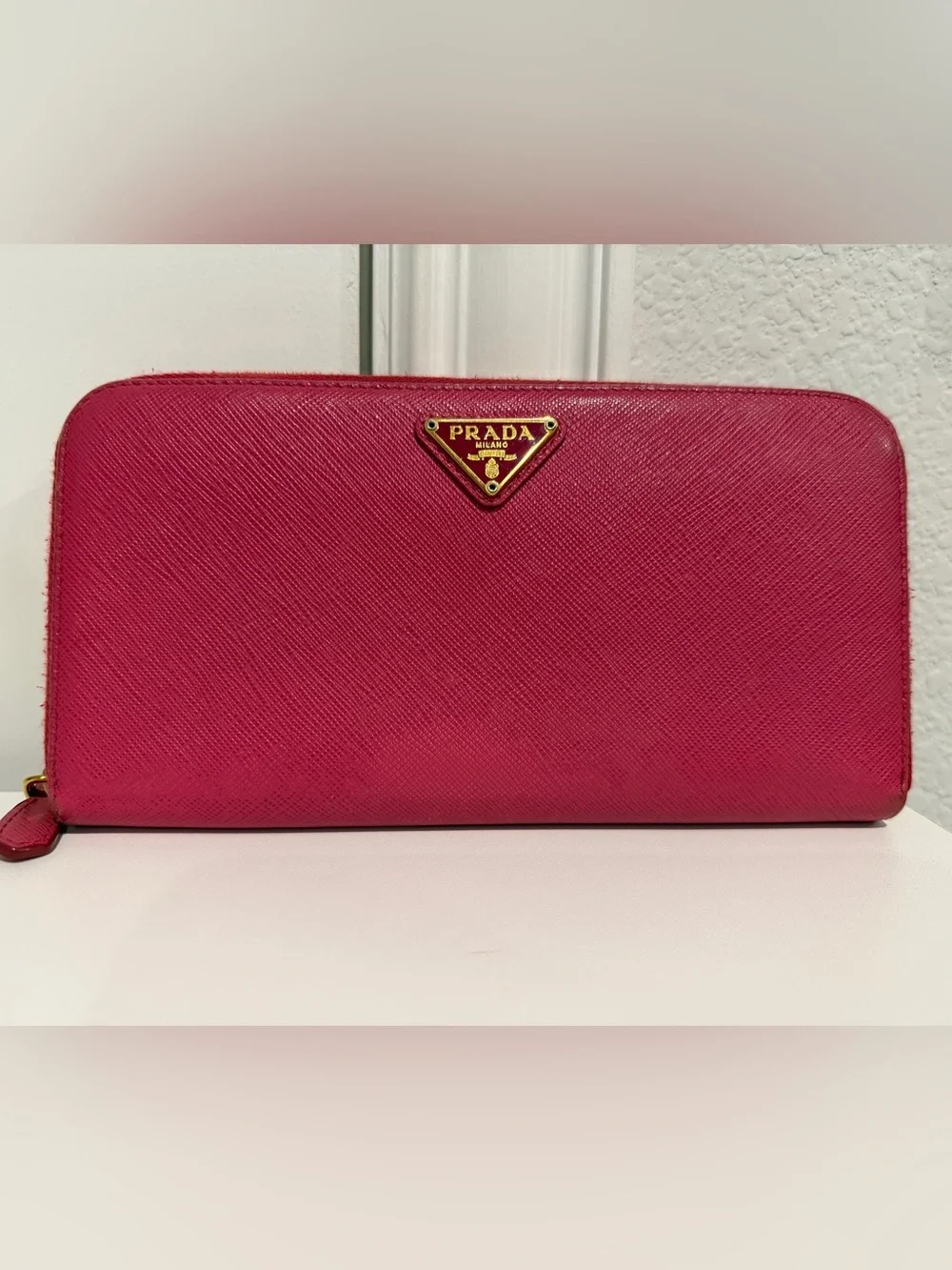 Prada Pink Saffiano Zip-Around Wallet with Gold Logo